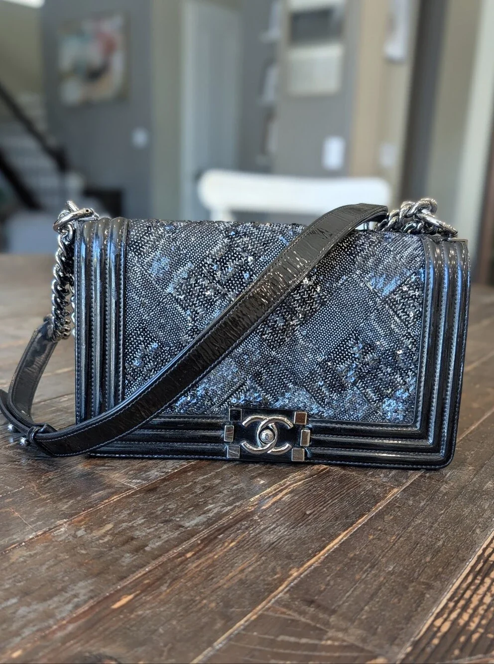 Chanel Boy Sequin Patent Leather Old Medium Flap Bag